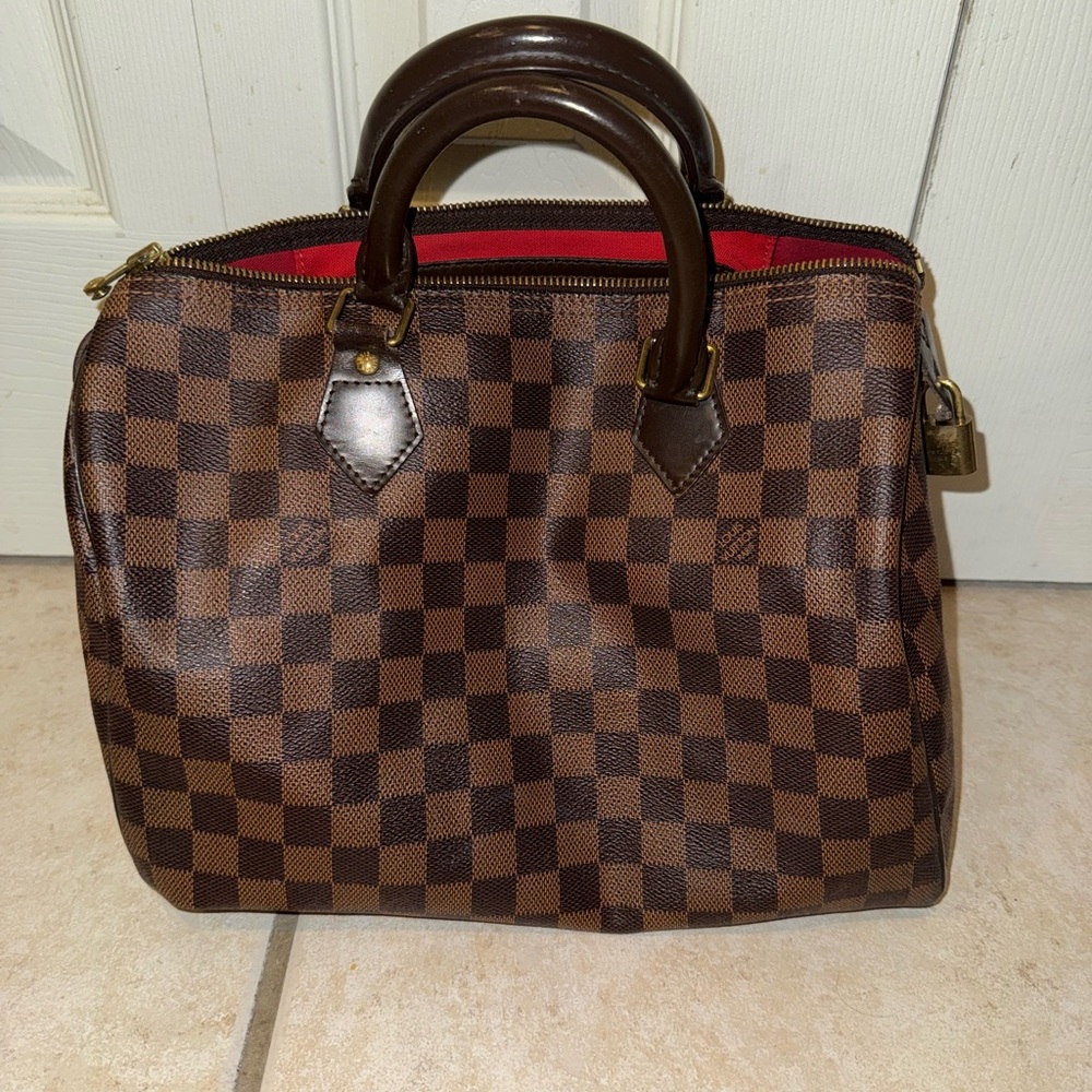 Louis Vuitton Damier Ebene Canvas Top Handle Satchel with Red Interior Speedy 30